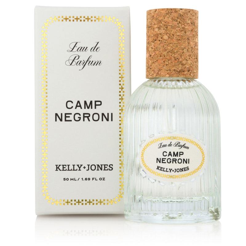Camp Negroni Eau de Parfum spray with cork cap and box on a white background