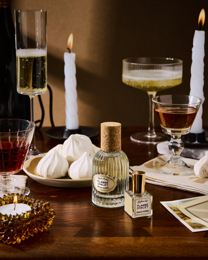 Dinner party at the Flambe Chalet with K+J's Supper Club fragrance collection.