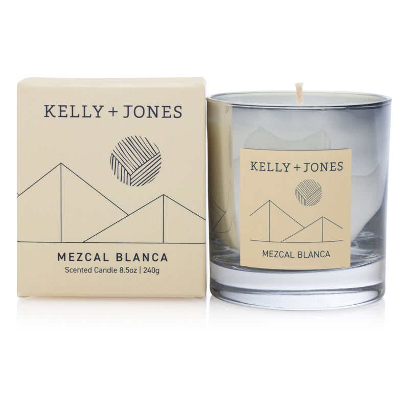 Kelly + Jones Mezcal Blanca scented candle and packaging on a white background