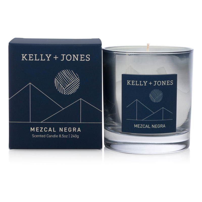 Kelly + Jones Mezcal Negra scented candle and packaging on a white background