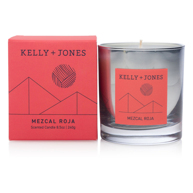 Kelly + Jones Mezcal Roja scented candle and packaging on a white background
