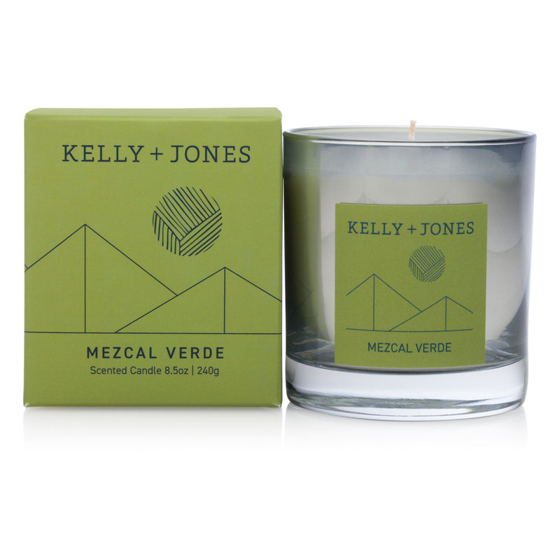 Kelly + Jones Mezcal Verde scented candle and packaging on a white background