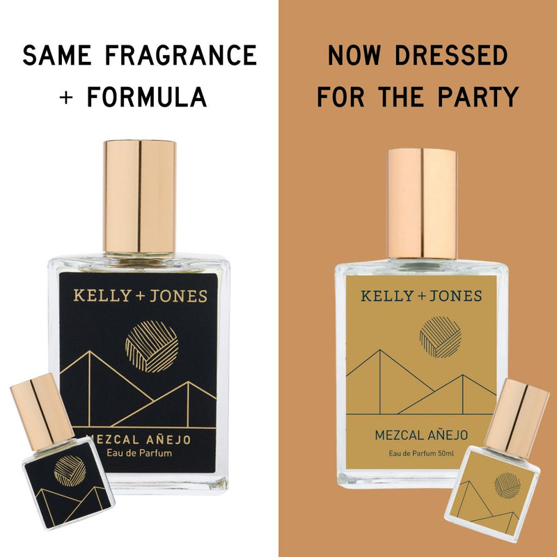 Two bottles of Kelly + Jones Mezcal Aéjo perfume with different packaging designs on a white and brown background.